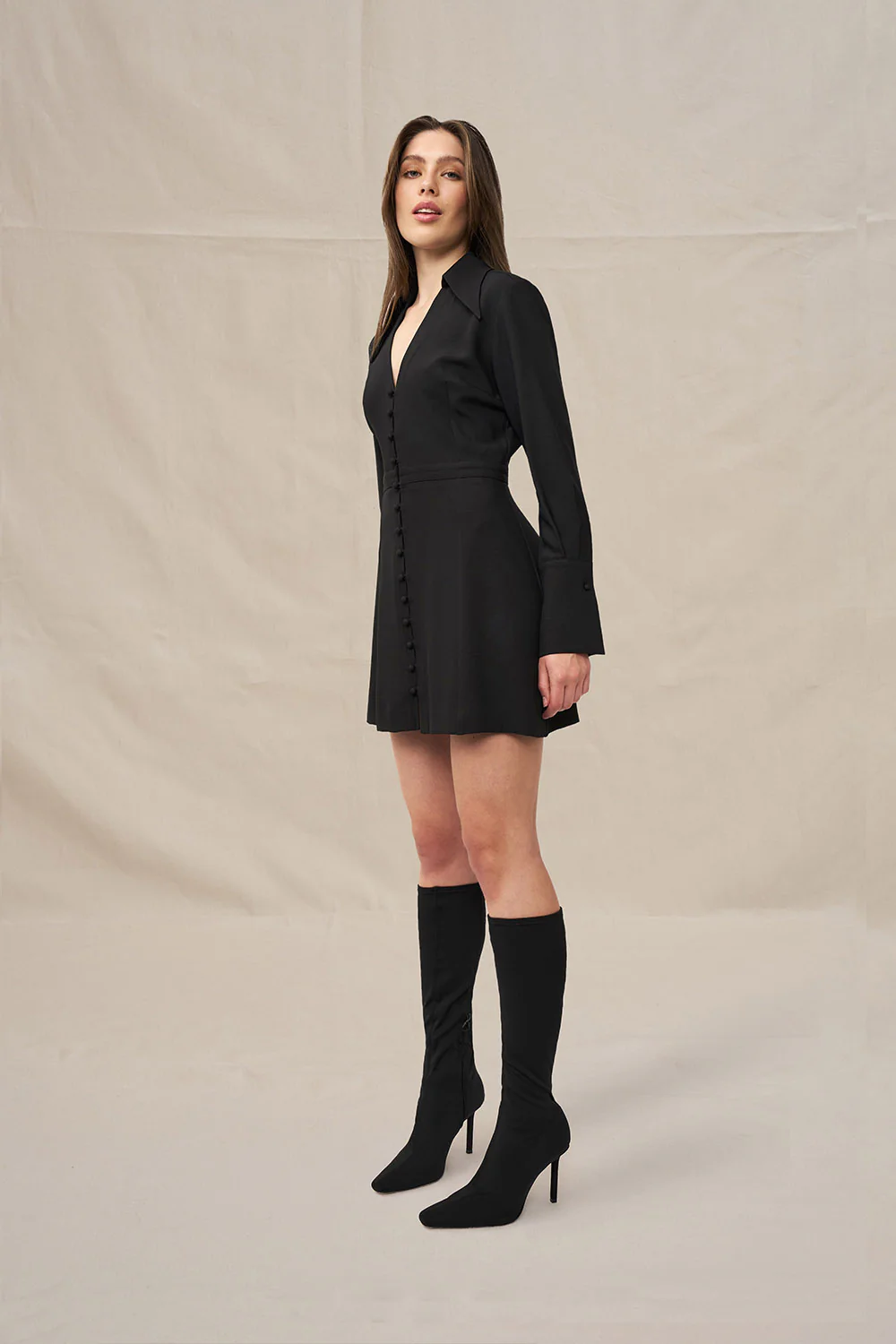 Anna Button Down Shirt Mini Dress - Black - Image 3