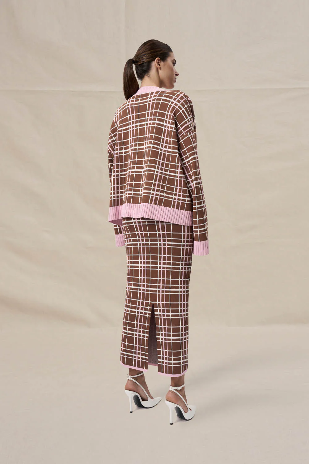 Carolina Check Knit Ankle Skirt - Chocolate Brown - Image 3