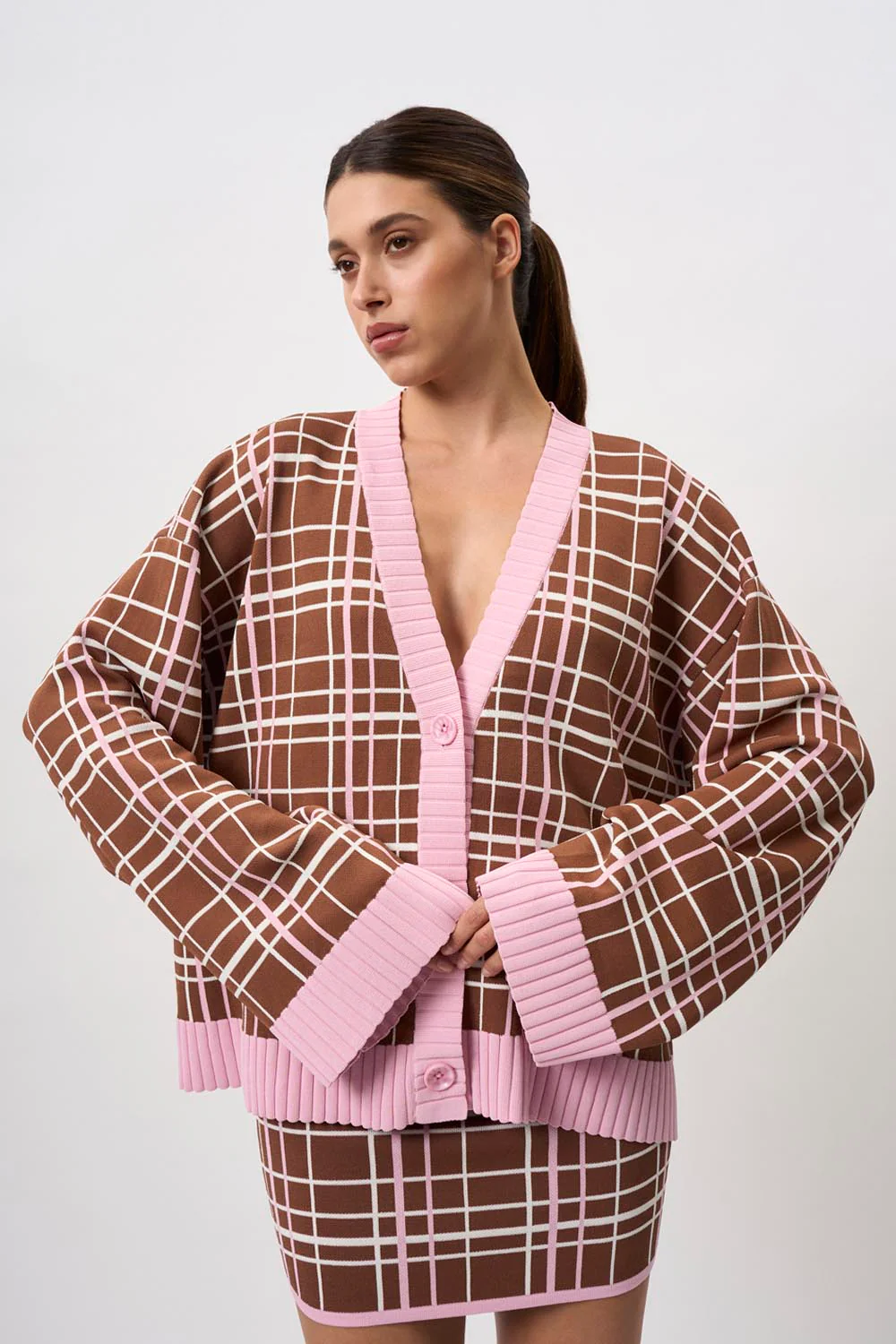 Carolina Check Knit Cardi | Final Sale - Brown Pink - Image 6