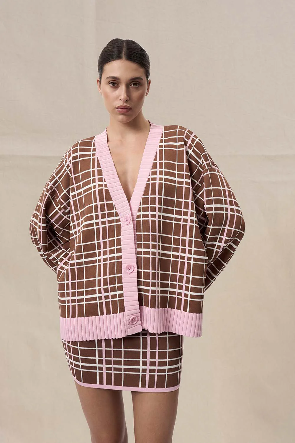 Carolina Check Knit Mini Skirt - Chocolate Brown - Image 4