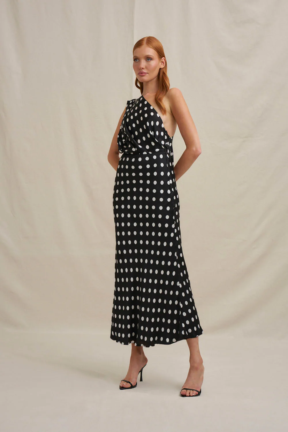Dove Drape Polka Ankle Dress - Ivory Black - Image 3