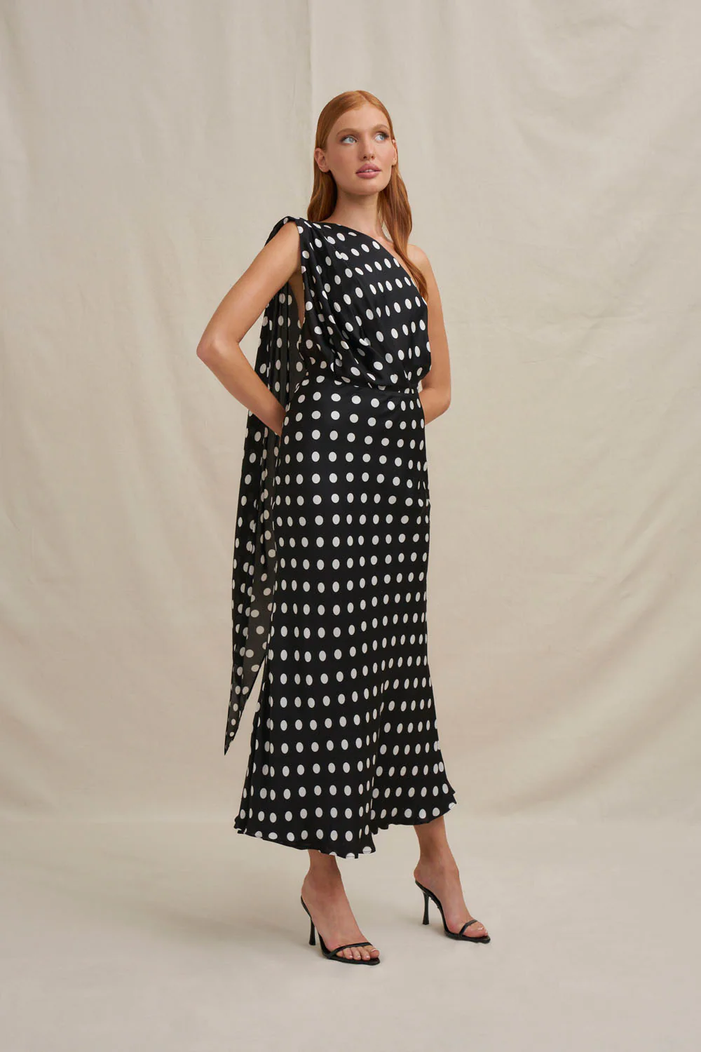 Dove Drape Polka Ankle Dress - Ivory Black - Image 5