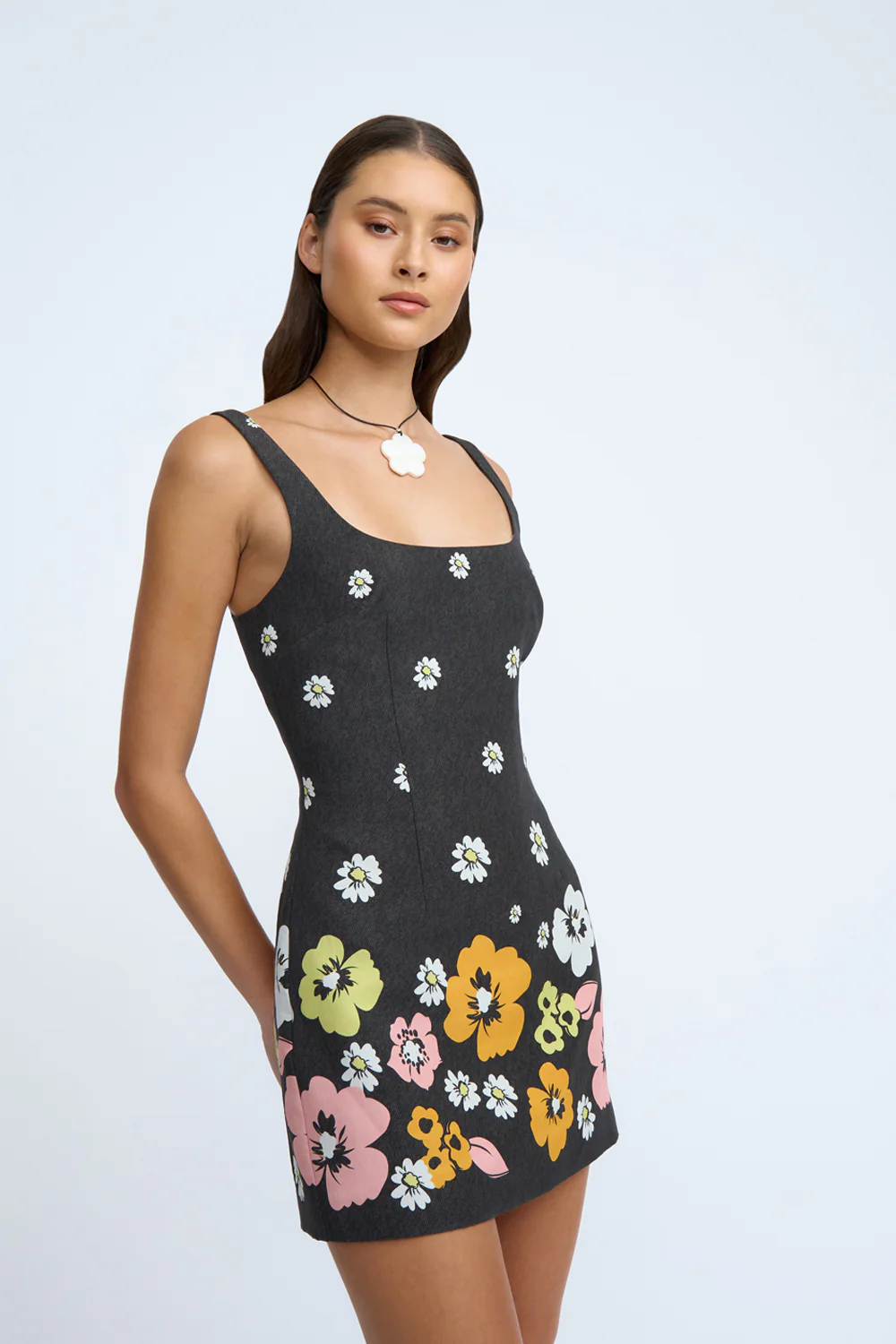 Golden Floral Linen Mini Dress| Final Sale - Black Multi Floral - Image 5