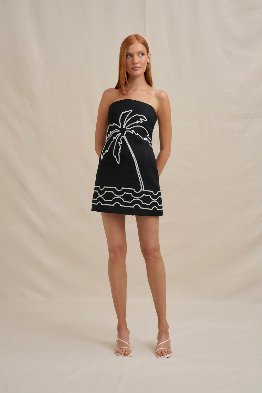 Paradise Palm Strapless Mini Dress - Ivory Black - Image 5